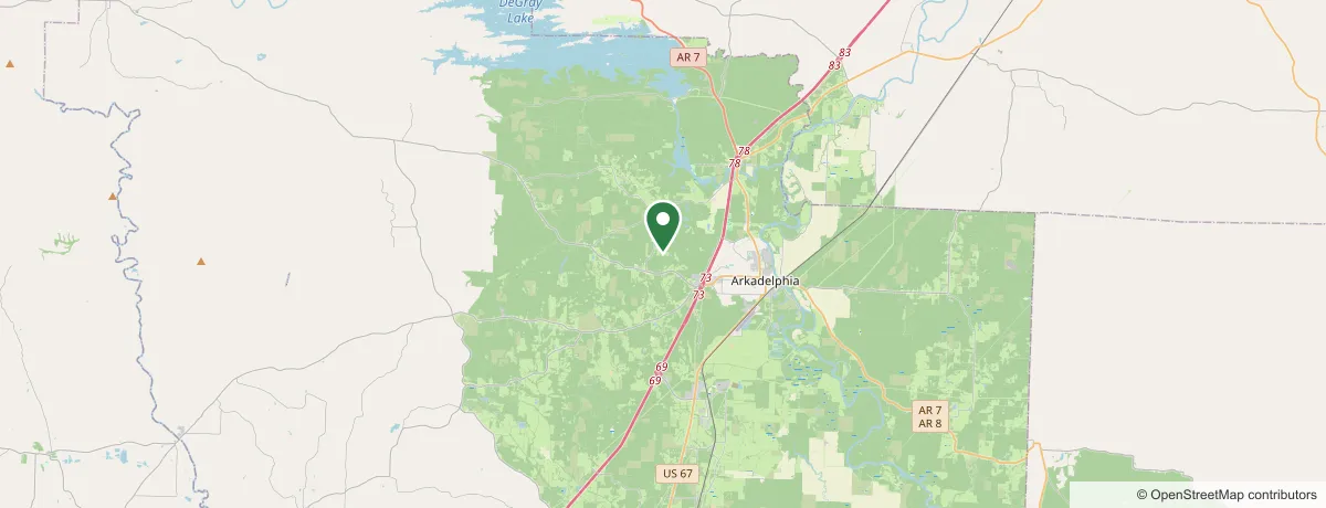 Service-area map centered on Arkadelphia, AR — Plyler's Tree Service
