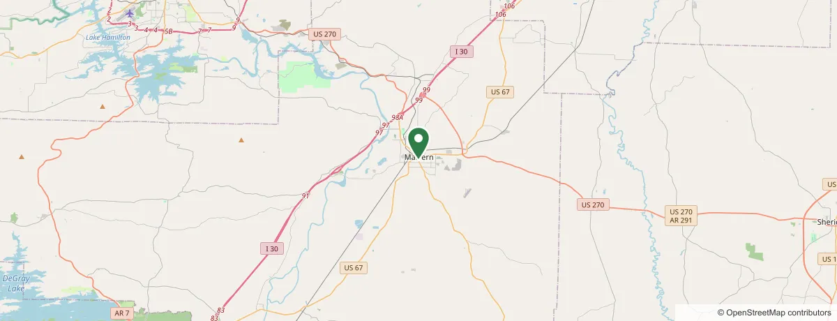 Service-area map centered on Malvern, AR — Plyler's Tree Service